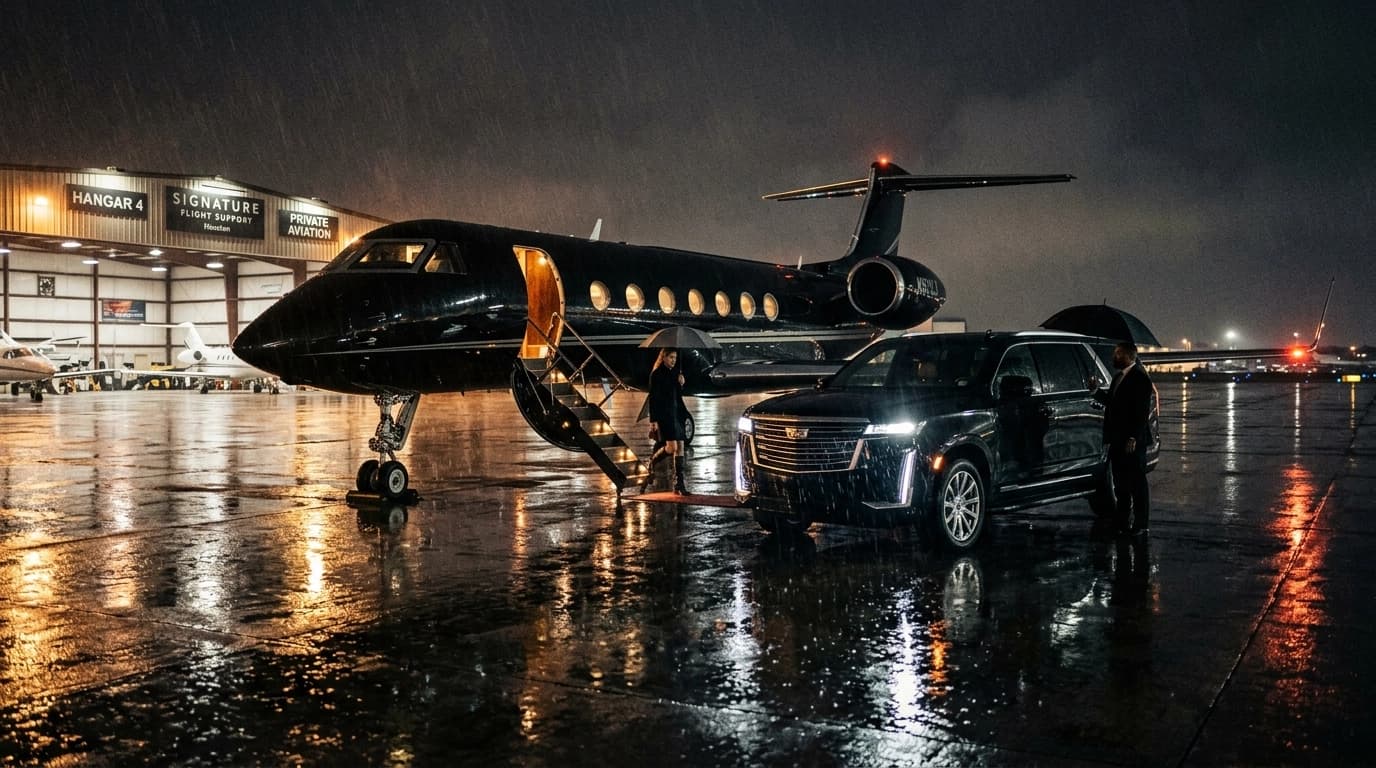 Corporate ground transport at private hangar